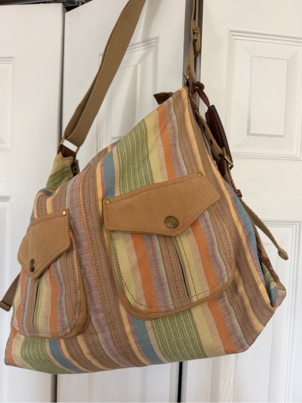Vintage Fossil Pastel Striped Canvas Shoulder Bag Boho